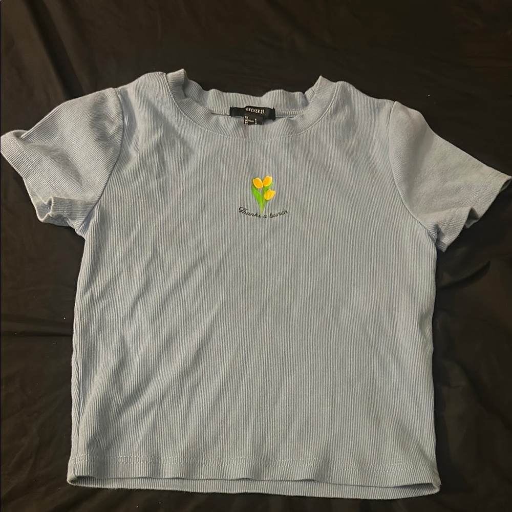 Forever 21 Blue Flower Embroidered T-Shirt cropped